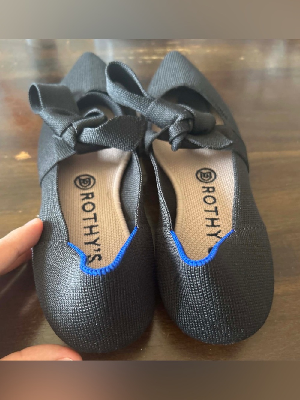 Rothy's Black Pointed Bow-Front Flats with Blue Trim - Picture 2 of 4